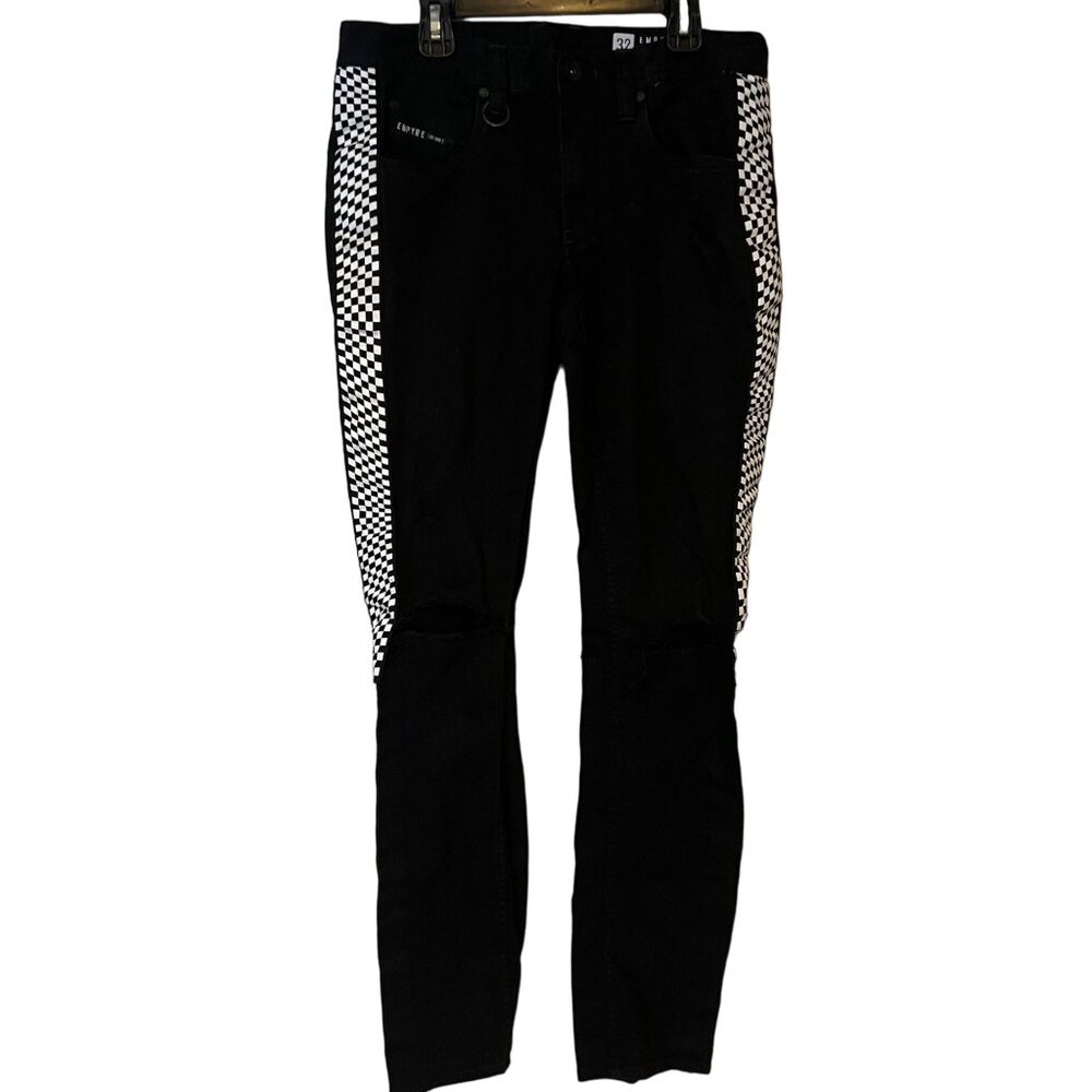 Empyre Recoil Jeans Mens 32 Super Skinny Checkered Distressed Black Straight Leg